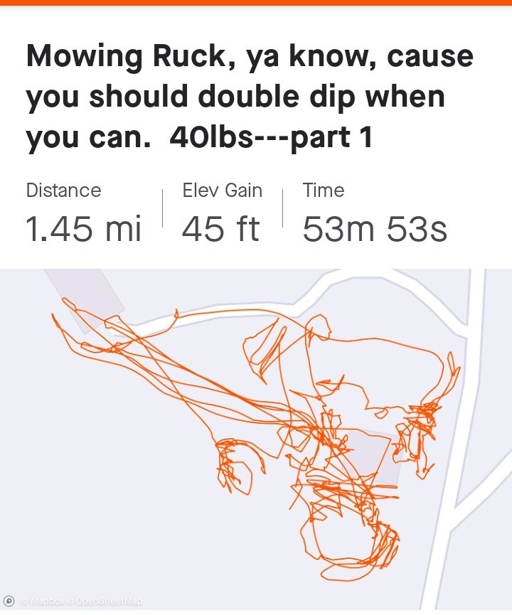 How has being being a <a href="/F3Nation/">F3</a> #PAX changed my life? Asking the question: How can I make everyday tasks harder?  Is it Rucking while Mowing, or Mowing while Rucking? #gte33 #modifyup #oyo <a href="/F3PArising/">F3_PArising</a> <a href="/GrowRuck/">GrowRuck</a> <a href="/f3grovecity/">F3 Grove City</a> <a href="/F3Pittsburgh/">F3 Pittsburgh</a>