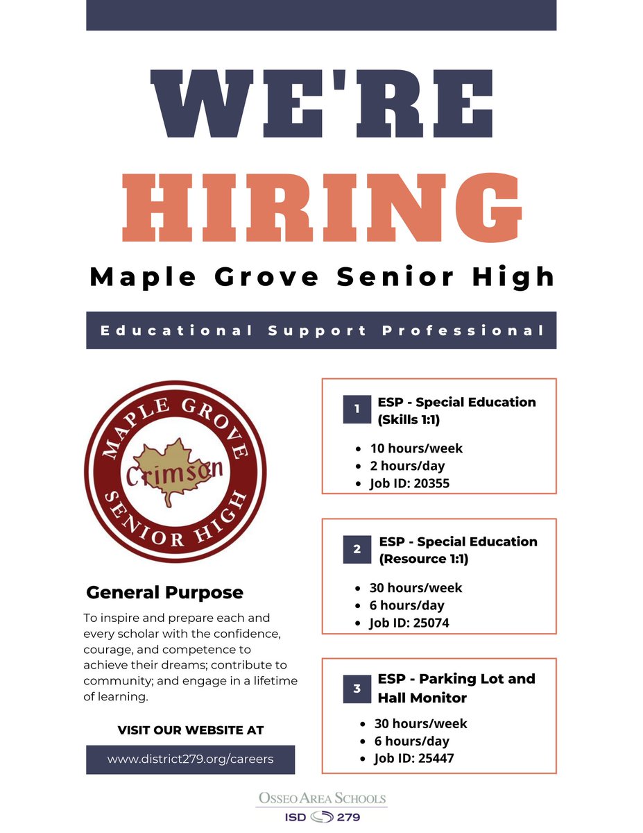 Have a passion for working with kids and making a difference? Look no further! Osseo Area School is #hiring ESP positions at Birch Grove, Arbor View Early Childhood, Maple Grove Senior High, and Maple Grove Middle School. Apply today! 

district279.org/careers