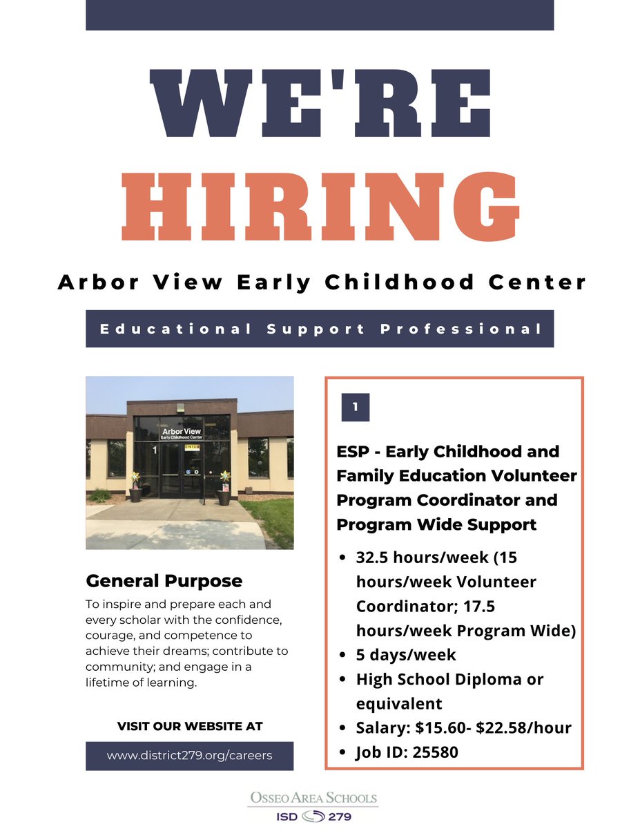 isd279careers's tweet photo. Have a passion for working with kids and making a difference? Look no further! Osseo Area School is #hiring ESP positions at Birch Grove, Arbor View Early Childhood, Maple Grove Senior High, and Maple Grove Middle School. Apply today! 

https://t.co/5U5rNERCdU https://t.co/dKFeoHzsXZ