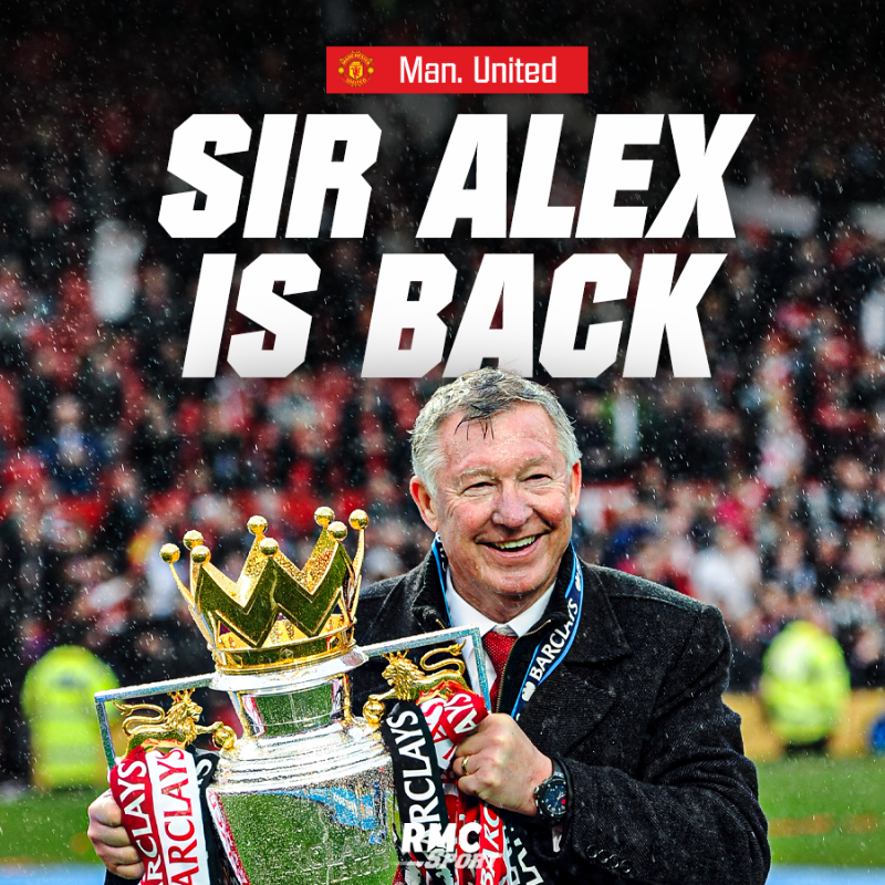 RMCsport's tweet photo. 🔥🔴 SIR ALEX IS BACK ! Le légendaire coach de Manchester United Sir Alex Ferguson revient chez les Red Devils dans un rôle de conseiller. Il apportera sa science à un club en quête de sa gloire passée.