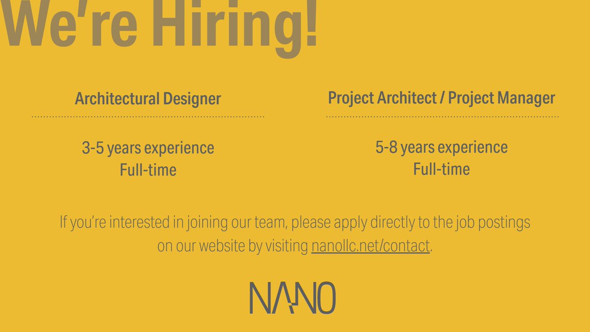 We’re currently #hiring + looking to fill two positions!

If you’re interested in joining our team, please apply directly to the job postings on our website by visiting nanollc.net/contact.

#joinourteam #fulltimepositions #workwithus #aecjobs