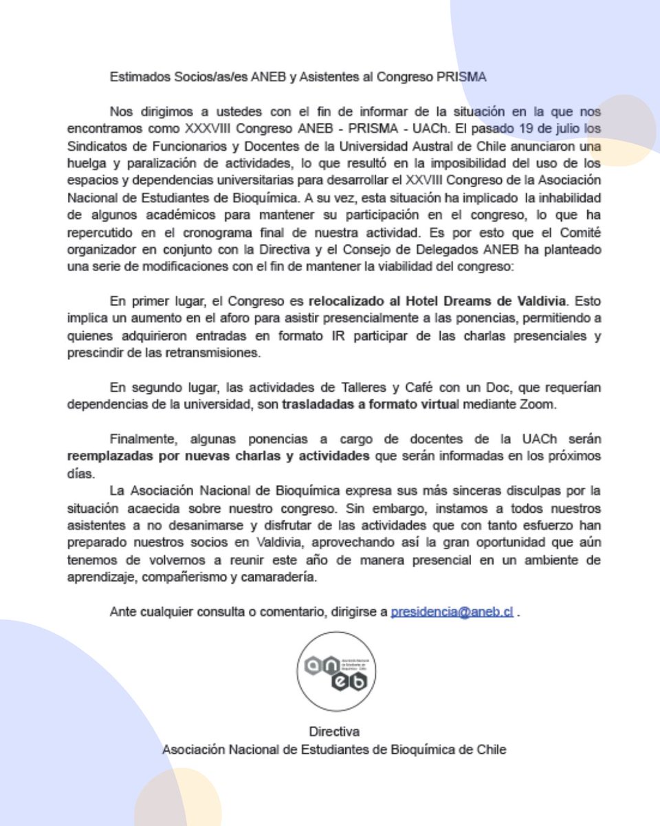 ANEB_Chile's tweet image. Comunicado respecto a la situación en que se encuentra el XXXVIII Congreso Nacional de Estudiantes de Bioquímica y Carreras Afines