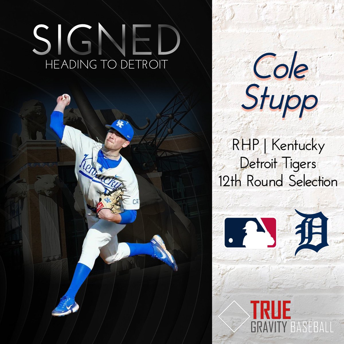 TGB_40Forty's tweet photo. True Gravity Baseball is thrilled to announce the signing of our newest client Cole Stupp. The righty was drafted by @tigers in the 12th round of the 2022 MLB Draft out of @UKBaseball. Congratulations and welcome! 

@ColeStupp | #TGBaseball https://t.co/uuDMxI8BPz