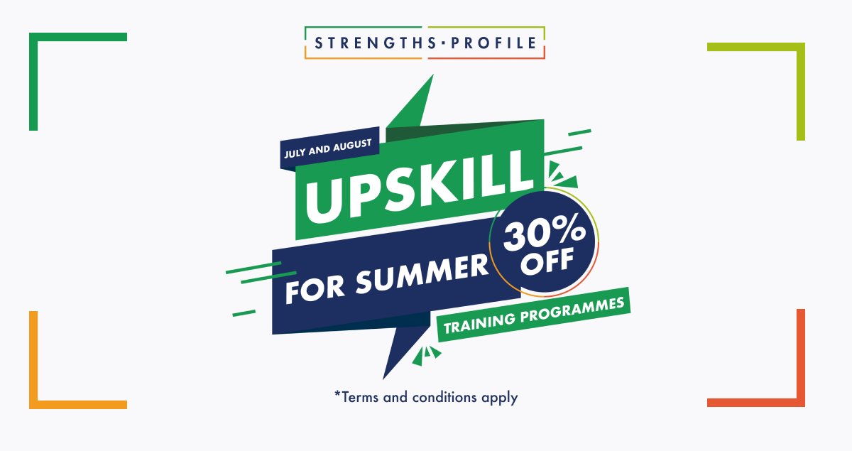 Until the end of August get *30% off all our training programmes so you can learn how to use the unique Strengths Profile tool that reveals realised and unrealised strengths, learned behaviours and weaknesses. 

What are you waiting for? bit.ly/3oHiUgM

*T&amp;Cs apply