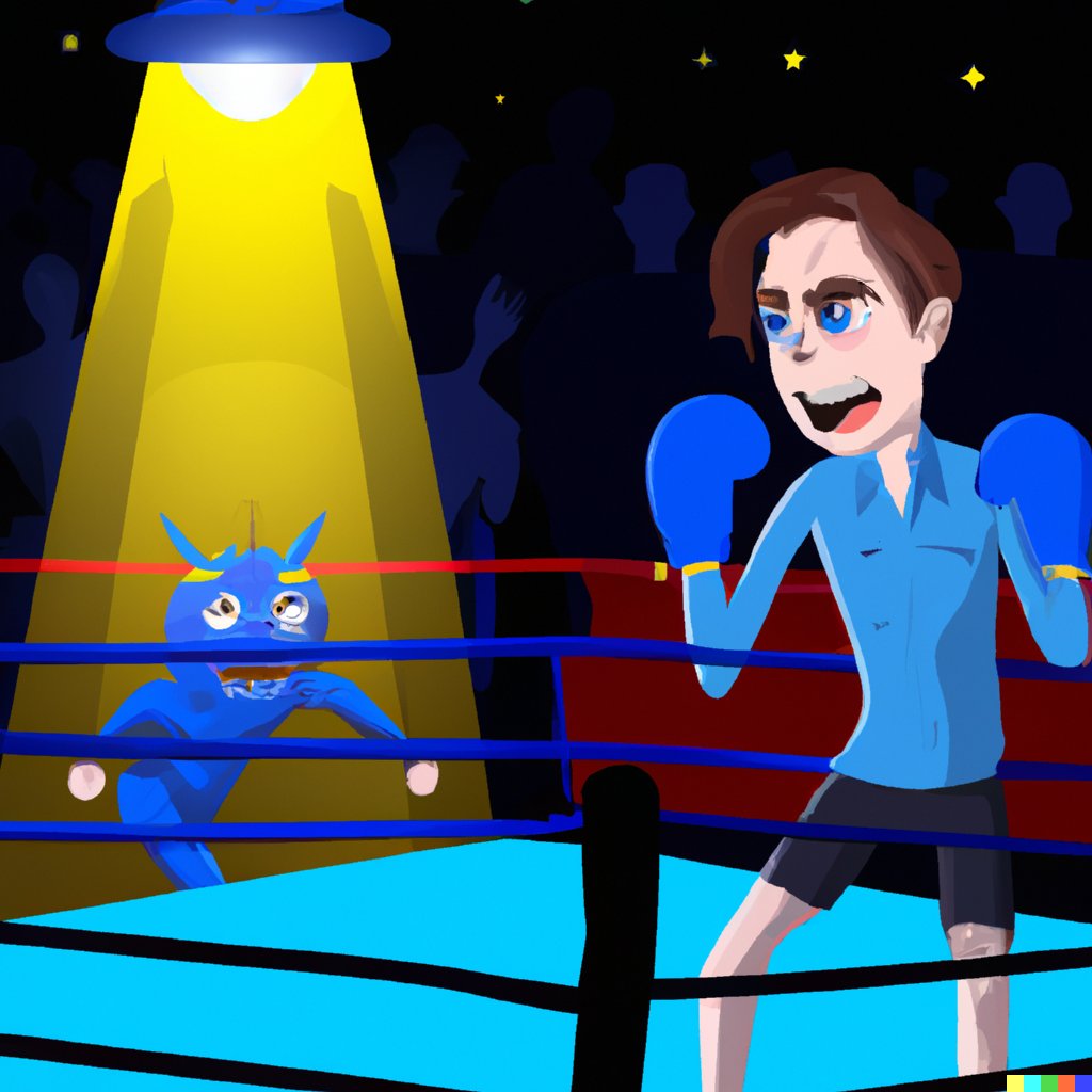 Allez_Marin's tweet photo. @davidhogg111 David Hogg in a boxing ring fighting an angry blue monster #dalle2 #dalle #generativeart https://t.co/R29viG1z1H