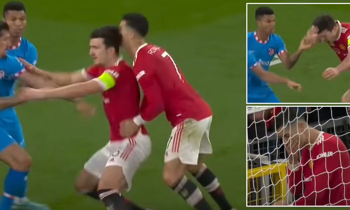 Griezmannfanboy's tweet image. Never forget when Harry Maguire injured Ronaldo in a free kick against Atletico Madrid😭😭