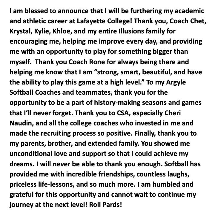 ReganDillon_11's tweet photo. I am thrilled to announce my commitment to @Lafayette_SB!  Thank you @C_Delahaba5 and @hASHHtag_ for investing in me. I am grateful and excited to complete at the collegiate level!  #RollPards! 
#TeamCSA  #NCAASoftball #Committed
@CSA_Athletes  @Premier16U  @ArgyleSoftball https://t.co/Ls4sRqCMhL