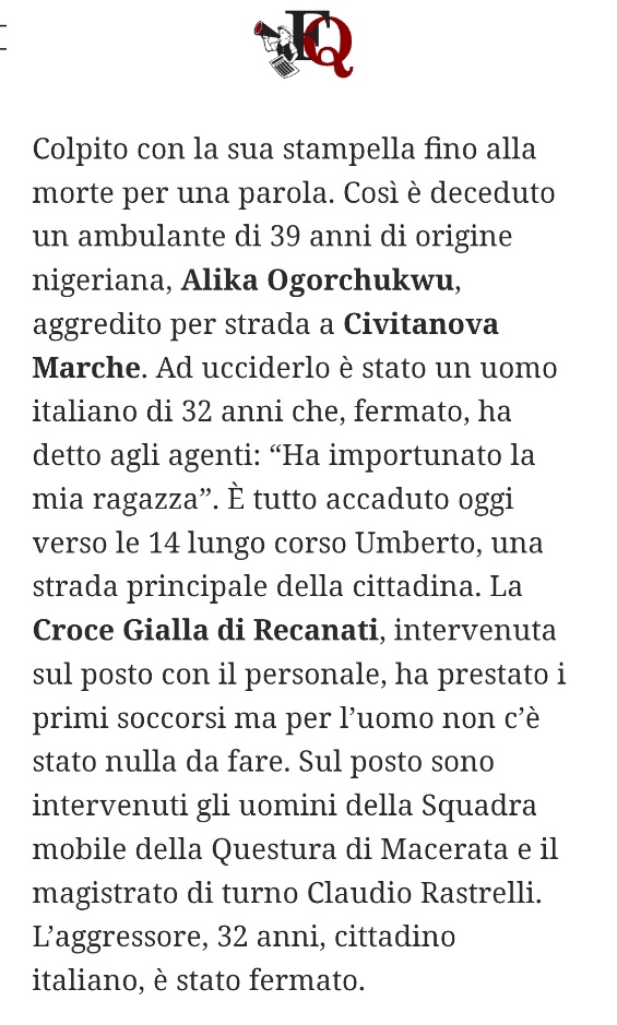 perchetendenza's tweet photo. "Civitanova Marche":
Perché un ambulante di 39 anni di origine nigeriana, Alika Ogorchukwu, è stato aggredito e picchiato a morte con una stampella da un passante in corso Umberto https://t.co/jKk1mgPZlQ
