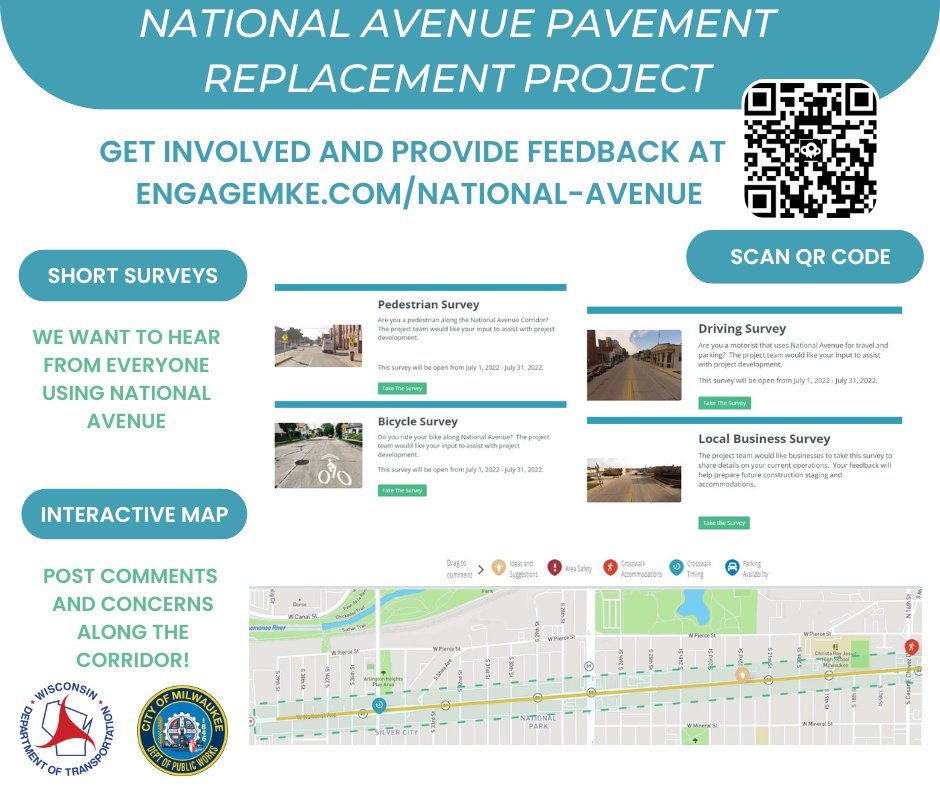 Take a moment to complete short surveys and post comments/suggestions on the interactive map for the National Avenue Pavement Replacement Project at engagemke.com/national-avenue by August 15th! Don't forget to subscribe for updates.