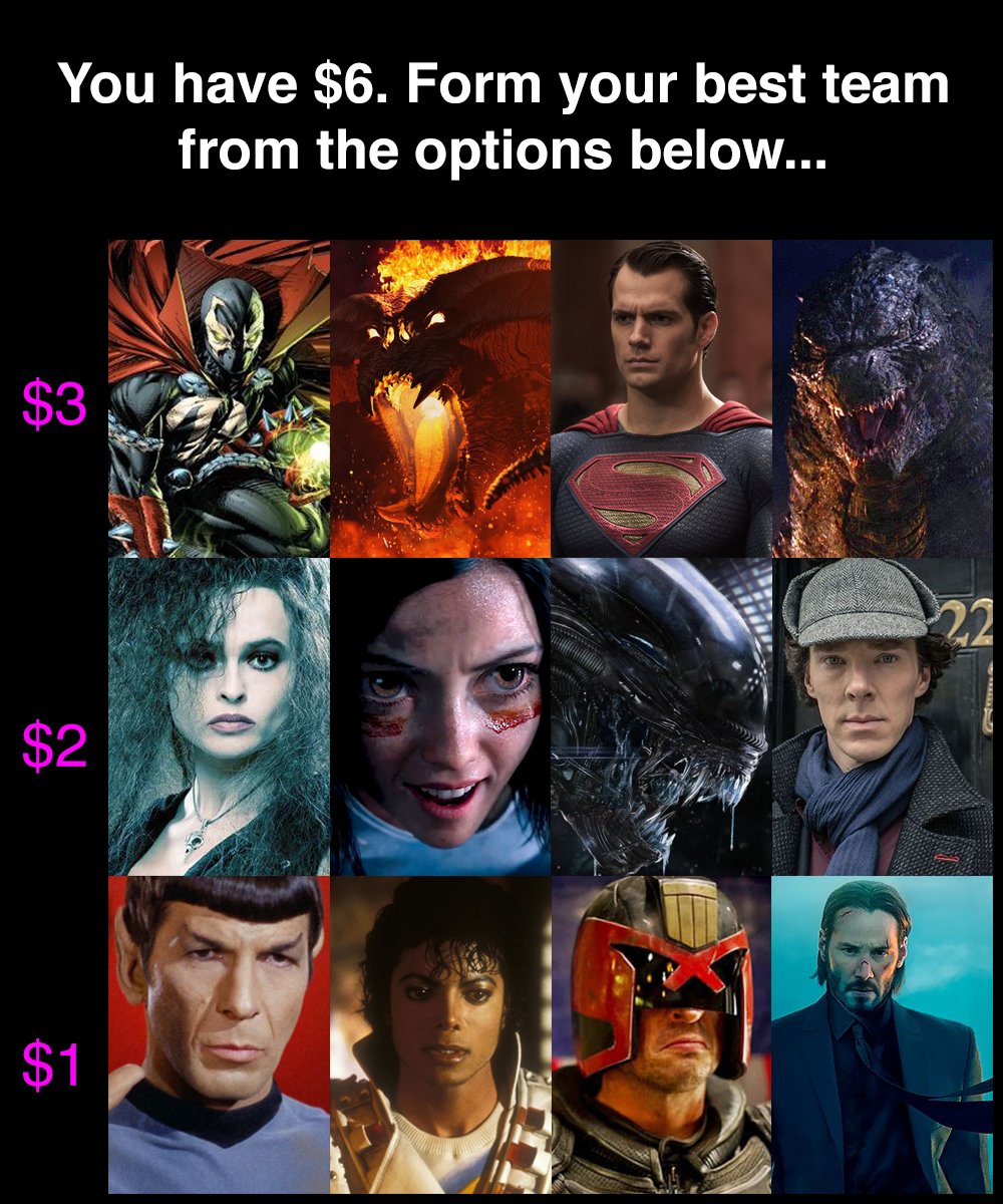 Lyteside's tweet photo. I pick Godzilla, Alita, and Spock! Let's fight! 🙌 https://t.co/Olh6MVBkR9