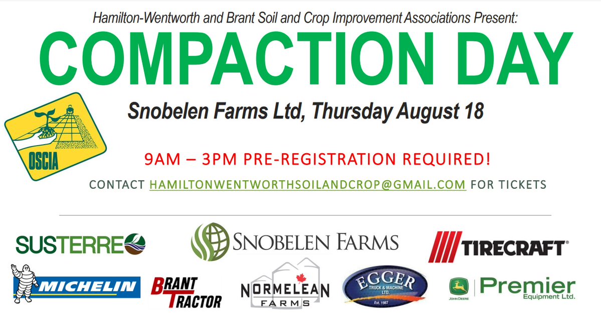 We are excited along with Brant to present a local compaction day event Aug 18th @ <a href="/SnobelenGrain/">Snobelen Farms Ltd</a>  in Brant

Get your tickets online now @ ontariosoilcrop.org/event/compacti…

Or contact your local SCIA director for paper tickets

Or email:
hamiltonwentworthsoilandcrop@gmail.com