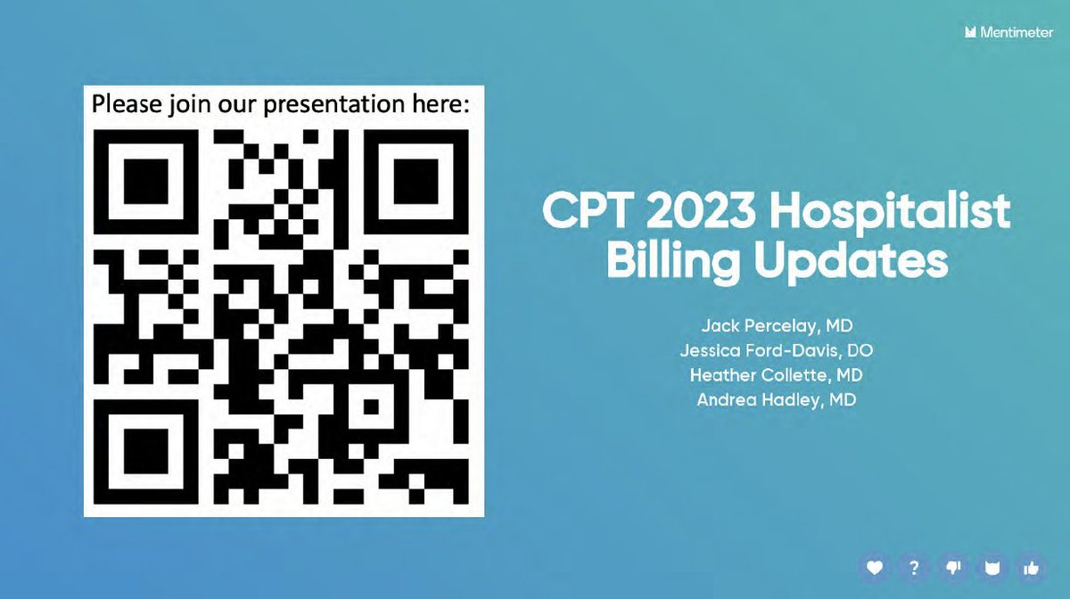 Patricia Tran, MD, MS, FAAP (she/her) (@patriciatranmd) on Twitter photo Love seeing <a href="/Mentimeter/">Mentimeter</a> being used in an interactive session on CPT 2023 and hospitalist billing updates! <a href="/JessicaFordDO/">Jessica Ford, DO</a>, I see you!
<a href="/AndreaHadleyMD/">Andrea Hadley</a> #PHM22 <a href="/PHMConf/">PHM Conference</a> Love seeing <a href="/Mentimeter/">Mentimeter</a> being used in an interactive session on CPT 2023 and hospitalist billing updates! <a href="/JessicaFordDO/">Jessica Ford, DO</a>, I see you!
<a href="/AndreaHadleyMD/">Andrea Hadley</a> #PHM22 <a href="/PHMConf/">PHM Conference</a>