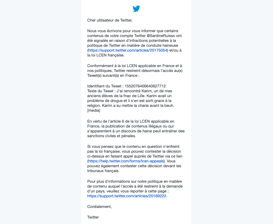 SardineRuisso's tweet image. La Sardine est neutre, ni droite ni gauche, pas extreme, juste humour. Mais elle reçoit ce genre de message, menace de sanction civile et pénale. Qu'en pensez-vous? Merci de RT (en masse) et de débattre.