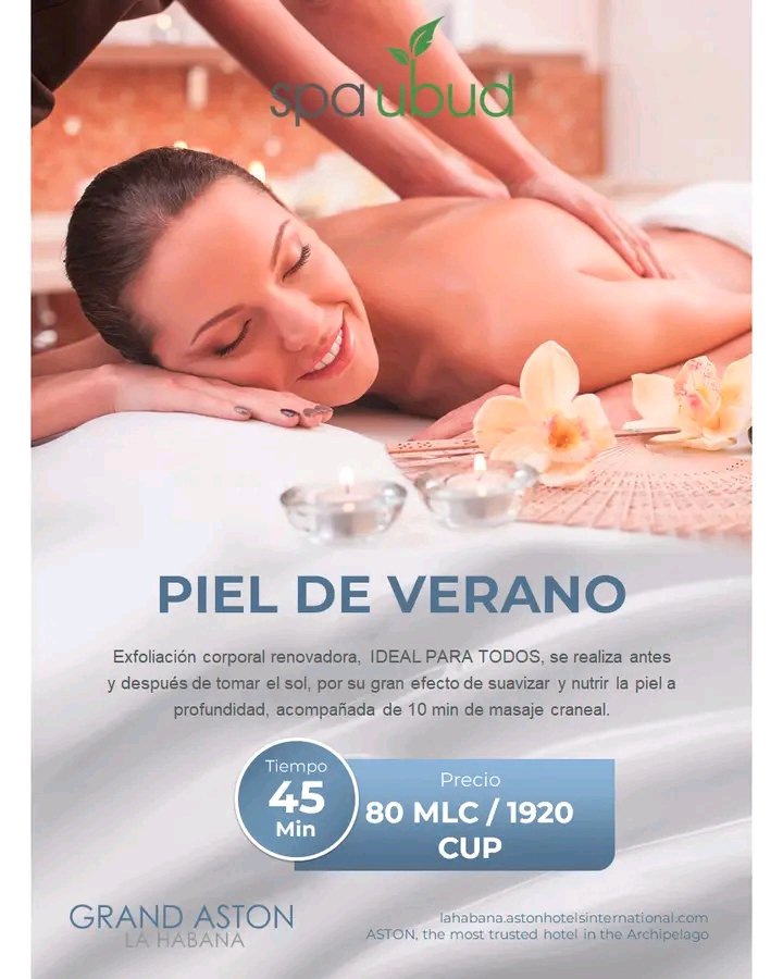 lahabanatravel's tweet photo. Complace tu cuerpo con la oferta Piel de Verano, disponible en nuestro SPA UBUD.
#SPAUBUD #PielDeVerano #GRANDASTONLAHABANA #Oferta
#AstonParaTi #Beauty&Health #EnergíaPositiva #Relax
Nos podrás encontrar a través de nuestra página web: https://t.co/JA6Zjlm1Pk https://t.co/dp3WUkswQz