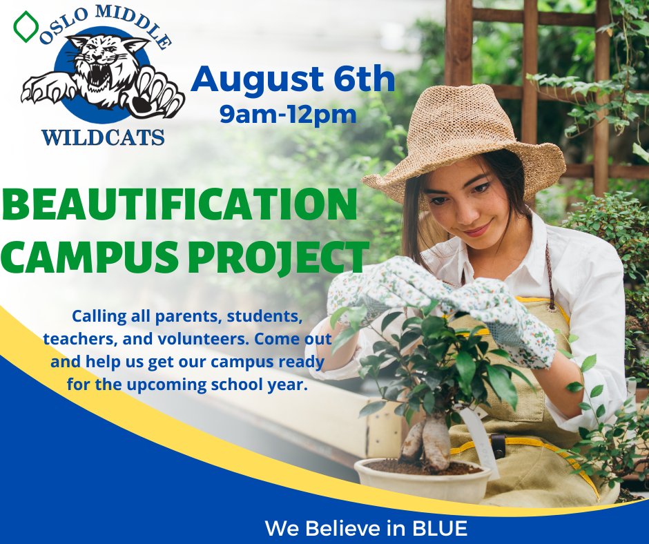 <a href="/OMS_Connected/">Oslo Middle School</a> will be beautifying our campus on 
August 6th! We would love for you to join us! Lunch will be provided. Bring garden gloves and dress for a day in the ☀️. If you have any questions contact Mr. Brown for details 772-564-4018. @SDIRC_SUP <a href="/CraigKinsley1/">Craig K</a> <a href="/Bass_SDIRC/">Scott Bass</a>