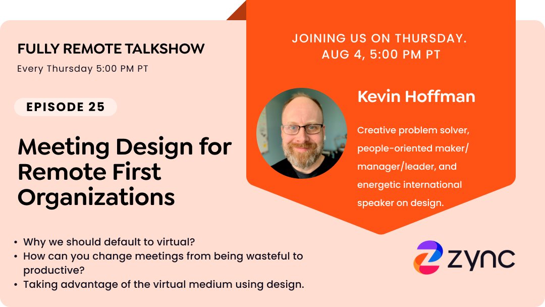Next week’s topic: Meeting Design for Remote First Organizations <a href="/kevinmhoffman/">Kevin M. Hoffman</a>. Register here hubs.ly/Q01hQ2BF0 #designers #designstrategy #workfromhome #remotefirst # #workingremotely #collaboration #remoteworkingsolutions #remotework #virtualmeetings #eventplanning