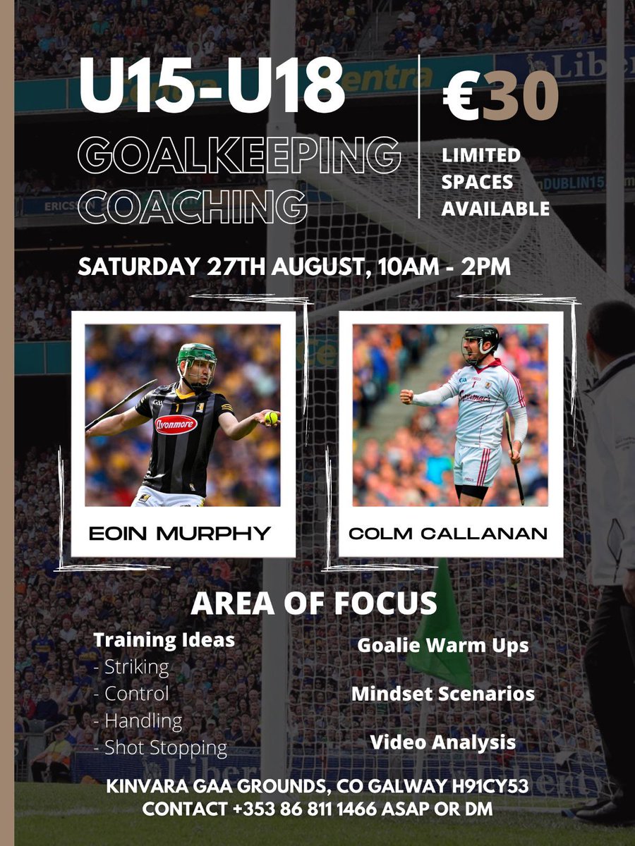 Hi everyone. I’m delighted to announce an elite hurling goalkeeper camp with @eoinscruff The camp is taking place on Saturday 27th of August in Kinvara GAA Grounds Galway, running from 10am to 2pm. Limited places are available so make sure to book your spot! #Hurling #Goalkeeper