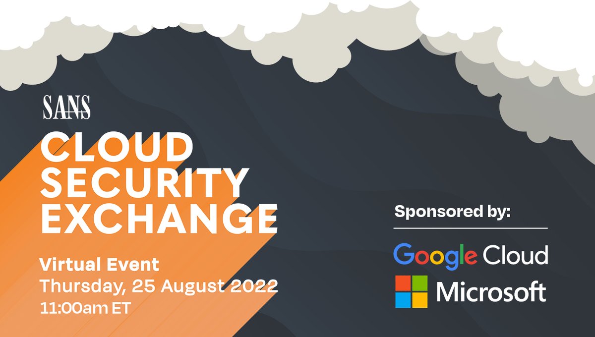 SANSCloudSec's tweet photo. ☁️  🗓  Less than 1️⃣ month until the SANS #CloudSecExchange on Aug 25th where we bring together top experts from @googlecloud &amp; @msftsecurity to help you make the cloud a safer place!

⚡️ Still time to register to join us Live Online:  https://t.co/M43USDcmcv https://t.co/PZyjvlWsxL