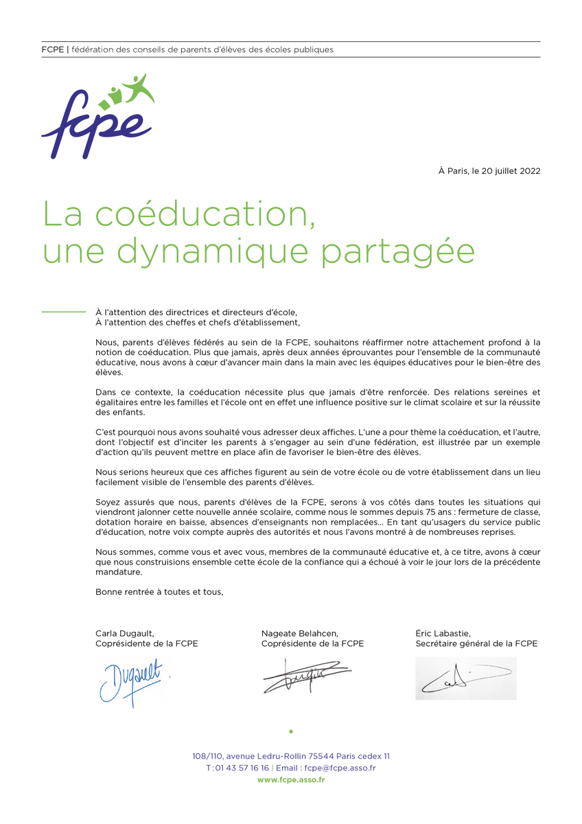 FCPE_nationale's tweet photo. [#Courrier] La FCPE a, cette année, adressé à tous les établissements scolaires une lettre officielle, pour réaffirmer son attachement profond à la notion de coéducation. « Nous serons à vos côtés dans toutes les situations qui viendront jalonner cette nouvelle année scolaire ». https://t.co/ZfUbqCsmmJ