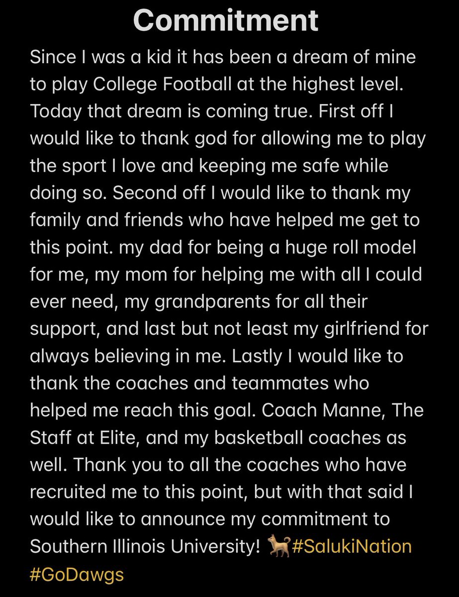 COMMITTED! #SalukiNation <a href="/17NickHill/">Nick Hill</a> <a href="/CoachPatPoore/">Pat Poore</a>  <a href="/SIU_Football/">Saluki Football</a> <a href="/LHS_Lancer_FB/">Lafayette Football</a> <a href="/AllenTrieu/">Allen Trieu</a>