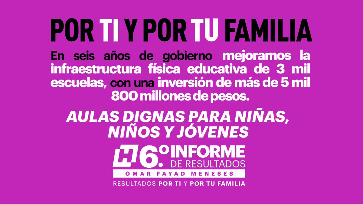 omarfayad's tweet photo. Pusimos en marcha estrategias para dar aulas dignas 🏫; en seis años de mi gobierno mejoramos la infraestructura física educativa de 3 mil escuelas, con una inversión superior a 5 mil 800 millones de pesos. #PorTiYPorTuFamilia ✅👨🏻 https://t.co/L1OOLXwvr6