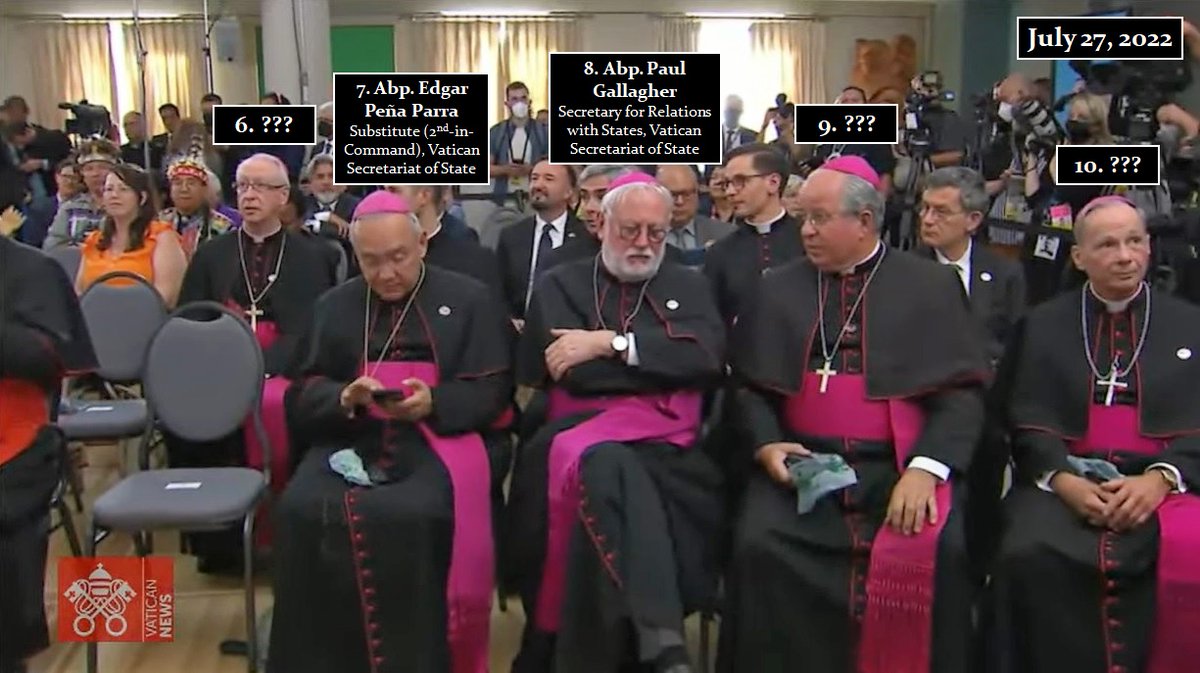 UPDATE: Prelate #8 is indeed Archbishop Paul Gallagher: youtu.be/CJ7lHw3jjGY?t=…

There appears to have been 10 Catholic prelates who participated in the pagan ritual with @Pontifex this week in #Canada. @papal_visit #PopeInCanada