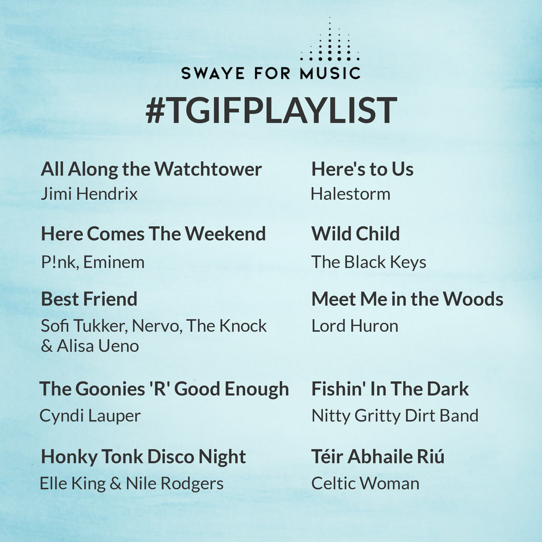 SwayeforMusic's tweet photo. Enjoy your weekend with a Swaye for Music #TGIFPlaylist created by our Swaye Team Member Amber M.
Listen via YouTube Music: https://t.co/ceSPUE96vE
#fanlove #playlist #swaye #music #tgif #musicians #musiclover https://t.co/13dECSFXJf