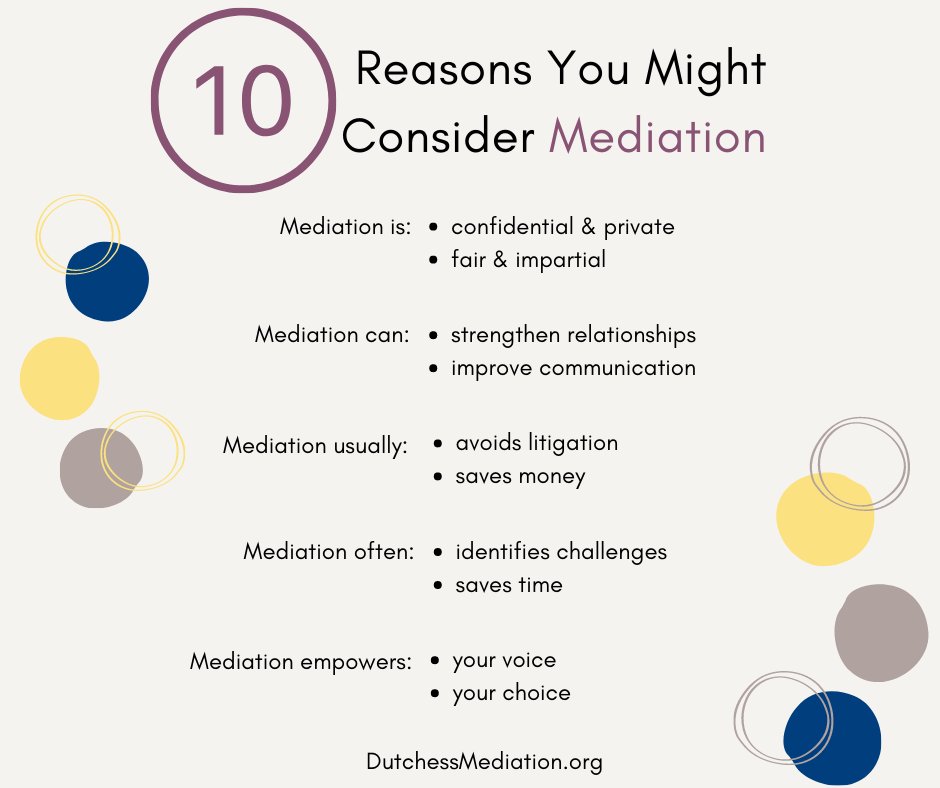 Whatever the reason behind your conflict - we’ve got (at least) 10 reasons to consider #mediation as a solution. If you (or someone you know) might benefit from our dispute resolution services, please reach out!

dutchessmediation.org