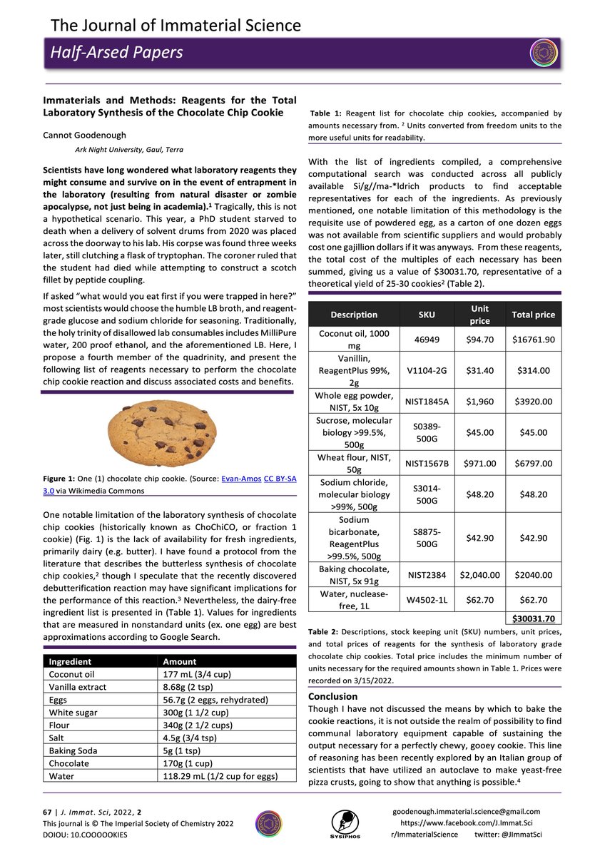 JImmatSci's tweet image. How much would it cost to make chocolate cookies with ingredients from @SigmaAldrich ? Answer: quite a lot.
