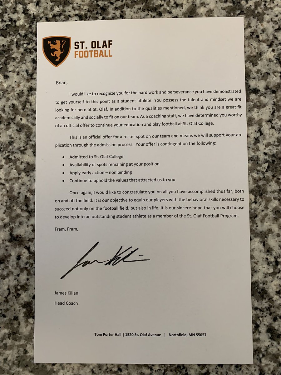 BrianThilges55's tweet photo. Thank you to @StOlafFB for the offer!! Go Oles! @Coach_Keene @JamesKilian @coachfaaumu808 https://t.co/C8nW8qEXdQ