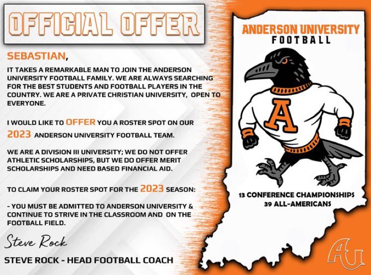 SEspinoza53's tweet photo. I want to thank @CoachCFarris and the Coaching staff at Anderson University. Im grateful to say that I received my 2nd offer from @AUFootball__ !! ⚫️🟠@BE_Chargers  @BECoachKendrick https://t.co/FwOFC4sKLu