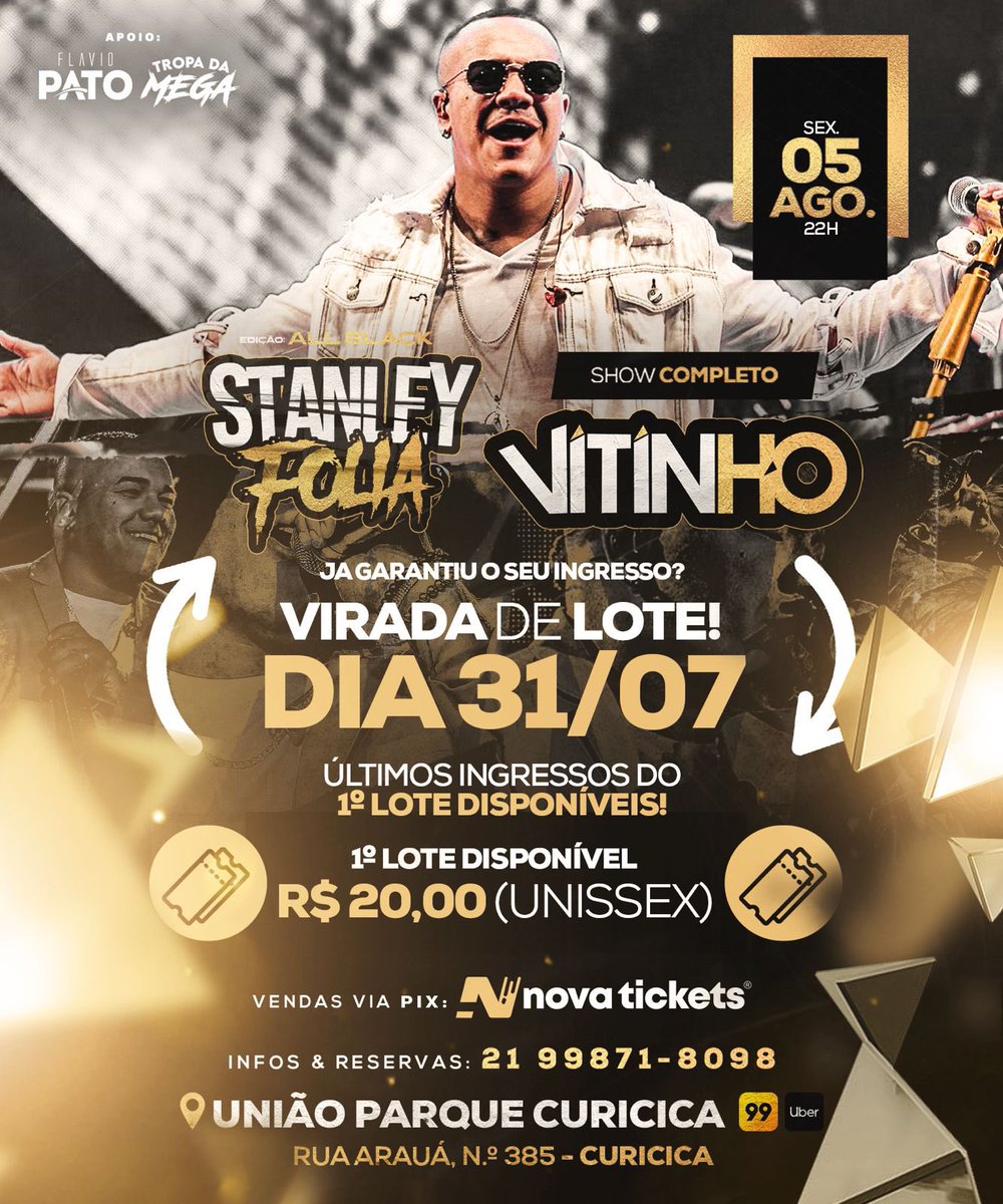 vitinhostanley's tweet photo. Já garantiu seu ingresso? 
Virada de lote dia 31/07
Últimos ingressos do 1º lote disponíveis !!

Mais informações: 21 998718098 https://t.co/AmWwT0wcoz