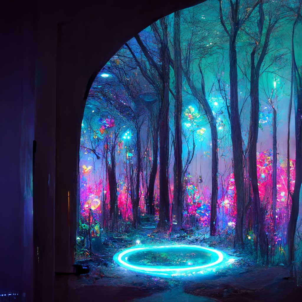 Cutiepiemaple's tweet image. I used Midjourney AI Art Bot and these are insanely gorgeous. Prompt was portal into neon fairy forest!