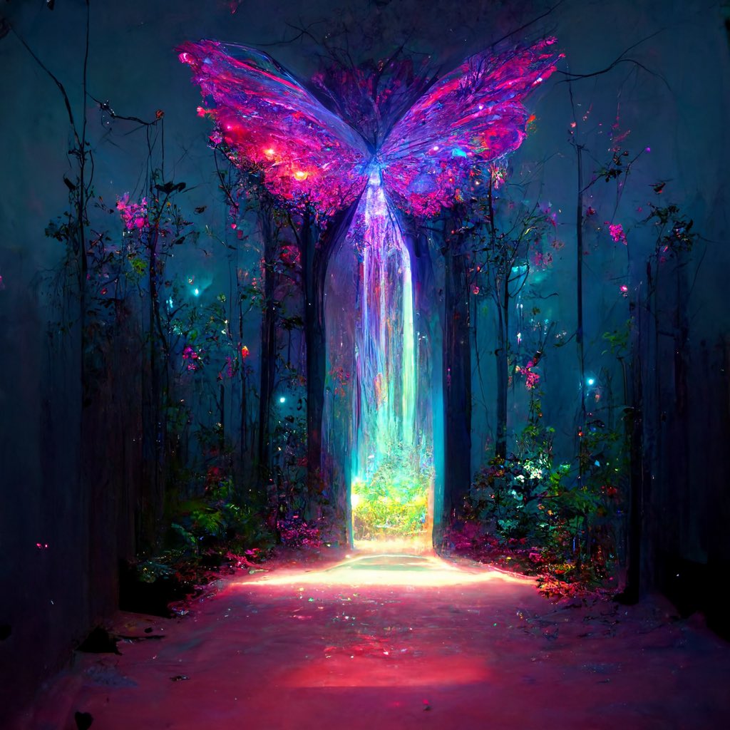 Cutiepiemaple's tweet image. I used Midjourney AI Art Bot and these are insanely gorgeous. Prompt was portal into neon fairy forest!
