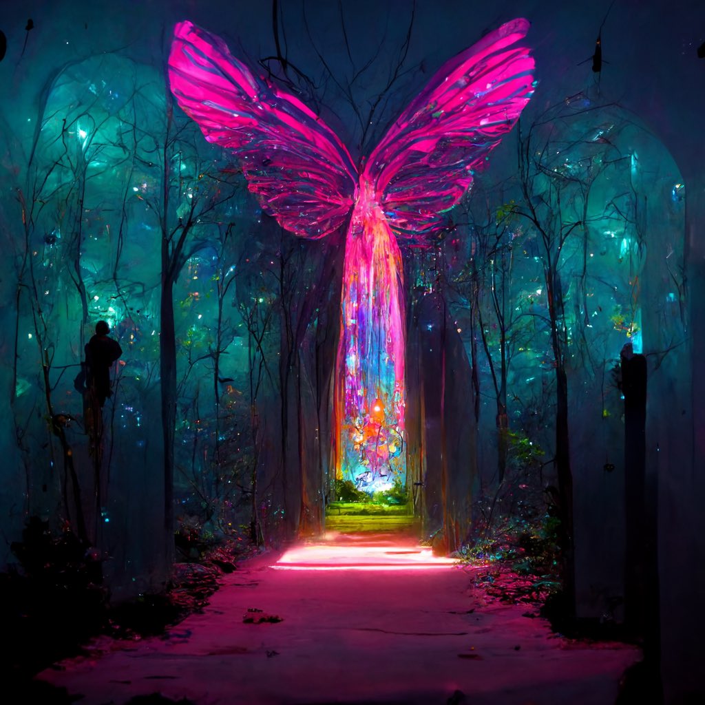 Cutiepiemaple's tweet image. I used Midjourney AI Art Bot and these are insanely gorgeous. Prompt was portal into neon fairy forest!