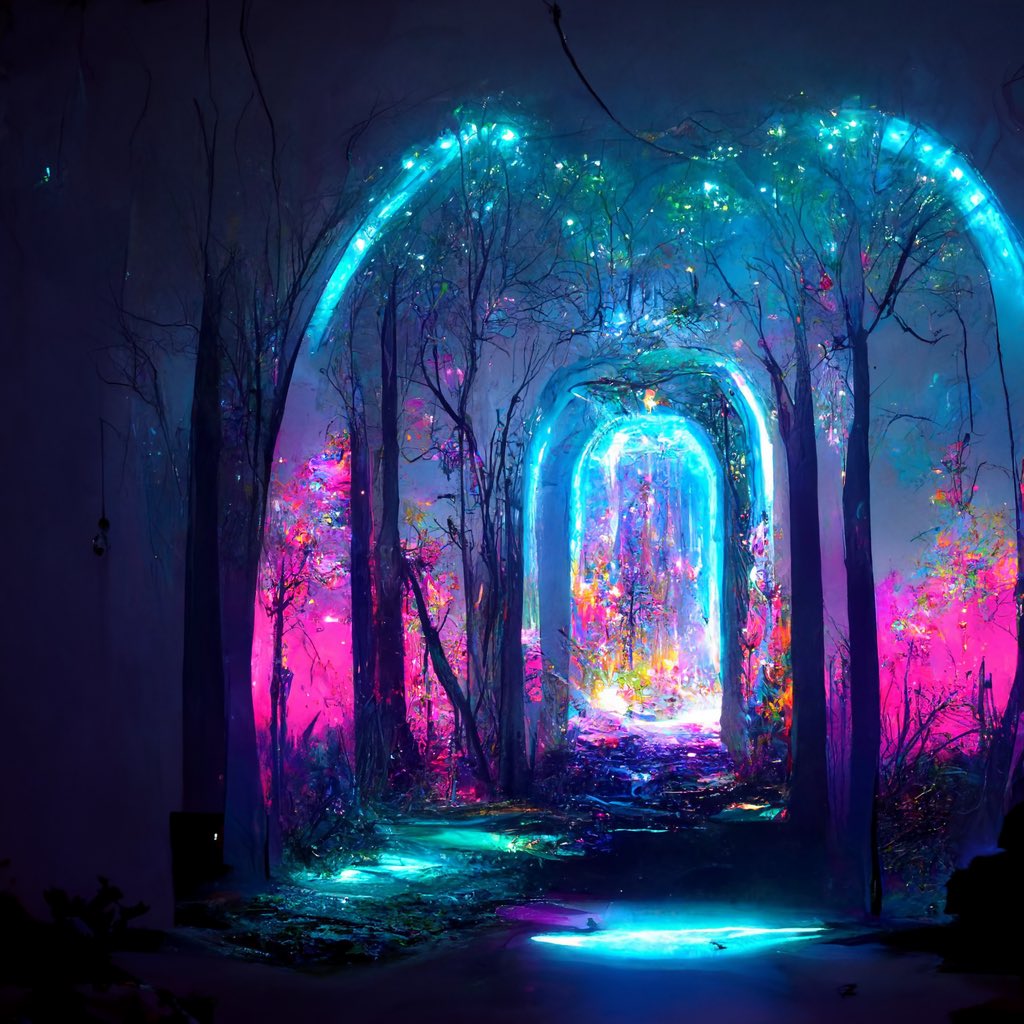 Cutiepiemaple's tweet image. I used Midjourney AI Art Bot and these are insanely gorgeous. Prompt was portal into neon fairy forest!