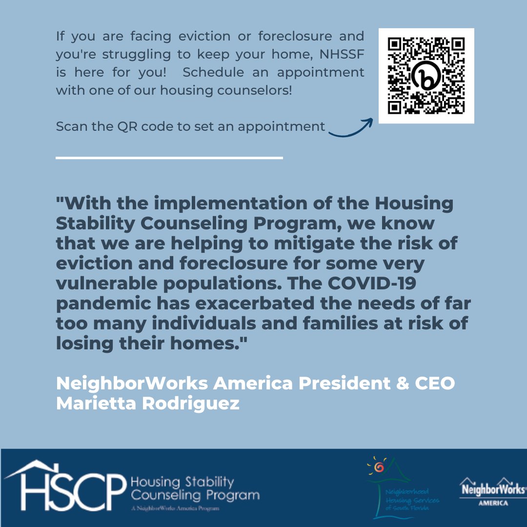 As part of the <a href="/neighborworks/">NeighborWorks</a> network, we opened the Housing Stability Counseling Program (HSCP) to support families and individuals across South Florida who are currently facing #eviction or #foreclosure.
1/2