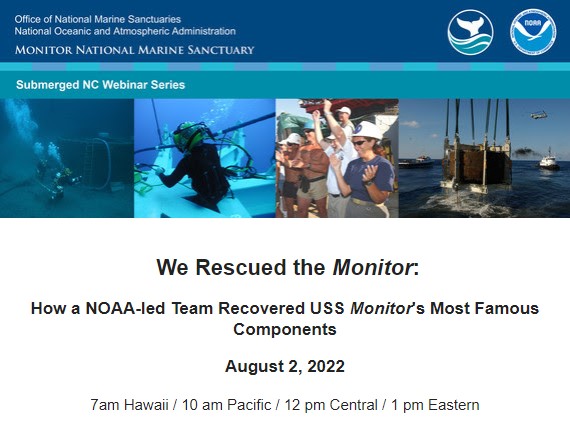 MonitorNMS's tweet photo. 🚨Webinar Alert!🚨
Join us this afternoon as Dr. John Broadwater, former Superintendent, recounts the efforts of @sanctuaries , the @USNavy , @MarinersMuseum , and other agencies to recover aritfacts from the USS 𝘔𝘰𝘯𝘪𝘵𝘰𝘳.
Register here: https://t.co/Kzm2W5TP8j https://t.co/LlpRz5NbED