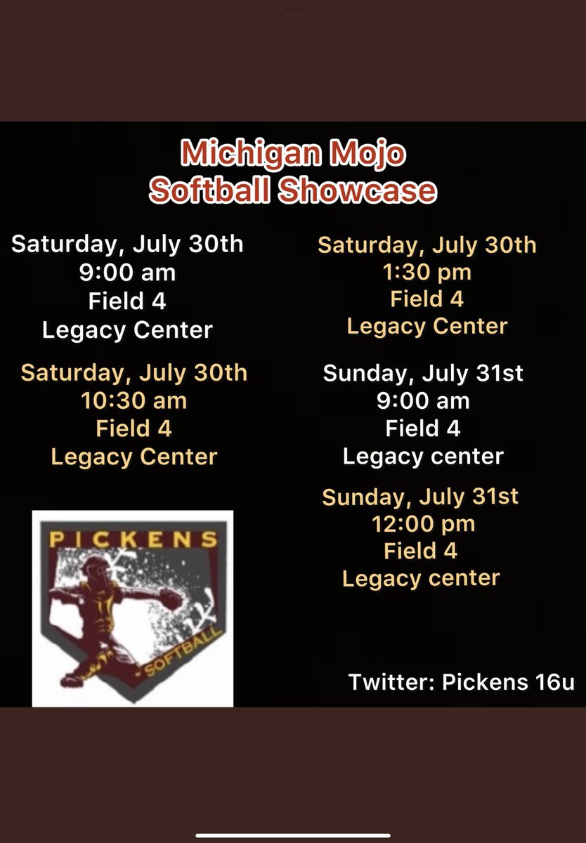 Pickens 16u schedule in Brighton, MI this weekend! Come check us out! <a href="/SVSU_Softball/">Cardinal Softball</a> <a href="/DU_SBALL/">PANTHER SOFTBALL</a> <a href="/FSU_SB/">Ferris St. Softball</a> <a href="/GVSUSoftball/">GVSU Softball</a> <a href="/CMUSoftball/">CMU Softball</a> <a href="/SoftballLansing/">Lansing CC Softball</a> <a href="/ToledoSoftball/">Toledo Softball</a> <a href="/MSU_Softball/">Michigan State Softball</a> @Pickens16u