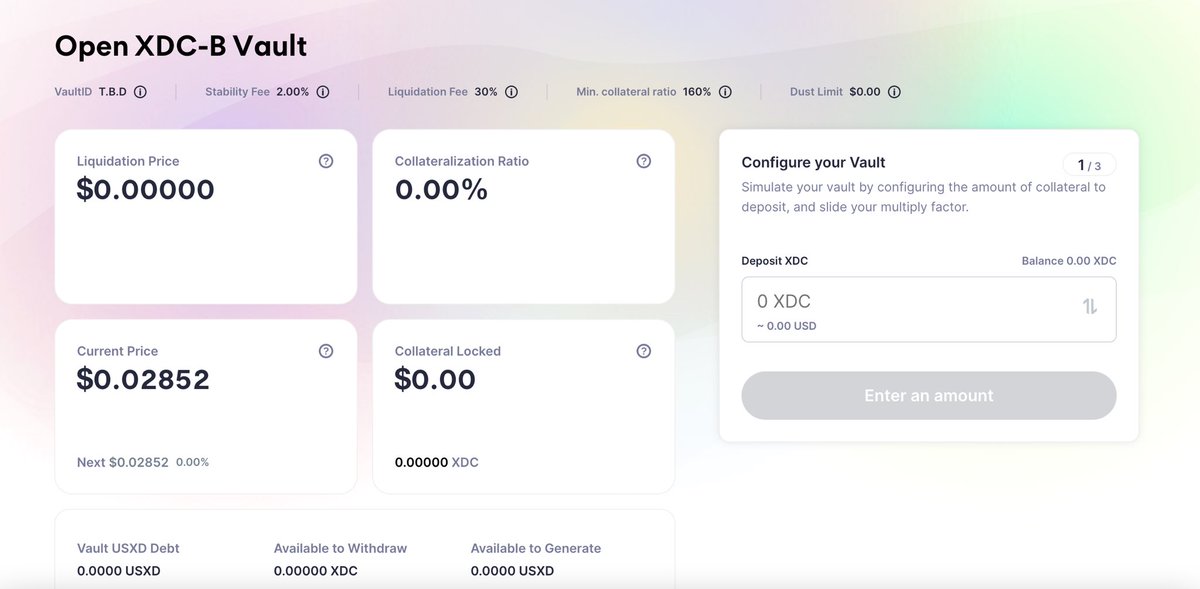 xdcas1's tweet photo. I think an overview of how setting up a possible vault (XDC-B) in beta looks like on https://t.co/KRvviJF7JF 👇👀
#xdc #XDCNetwork #xinfin #usxd https://t.co/SweiFGLTNc