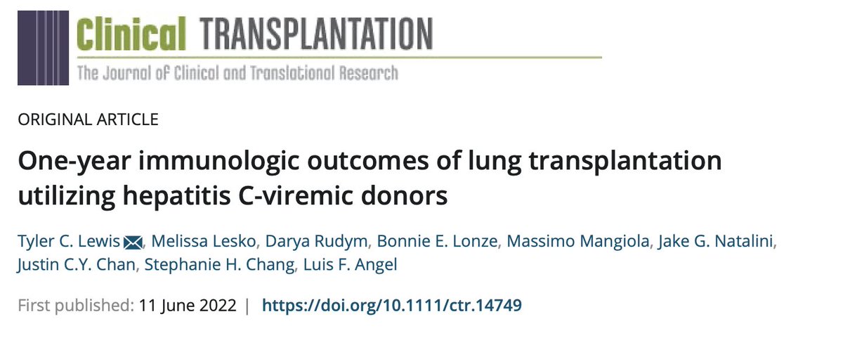 NYULangonePCCSM (@nyulangonepccsm) on Twitter photo Our #lungtransplant team including Drs. Melissa Lesko, Darya Rudym, Stephanie Chang, Luis Angel, <a href="/JakeNatalini/">Jake Natalini</a> & more describe One-year immunologic outcomes of #lungtransplant utilizing hepatitis C-viremic donors in <a href="/CliniTransplant/">Clinical Transplantation</a>
🔒 bit.ly/3akLmli
#pccsm #meded Our #lungtransplant team including Drs. Melissa Lesko, Darya Rudym, Stephanie Chang, Luis Angel, <a href="/JakeNatalini/">Jake Natalini</a> & more describe One-year immunologic outcomes of #lungtransplant utilizing hepatitis C-viremic donors in <a href="/CliniTransplant/">Clinical Transplantation</a>
🔒 bit.ly/3akLmli
#pccsm #meded