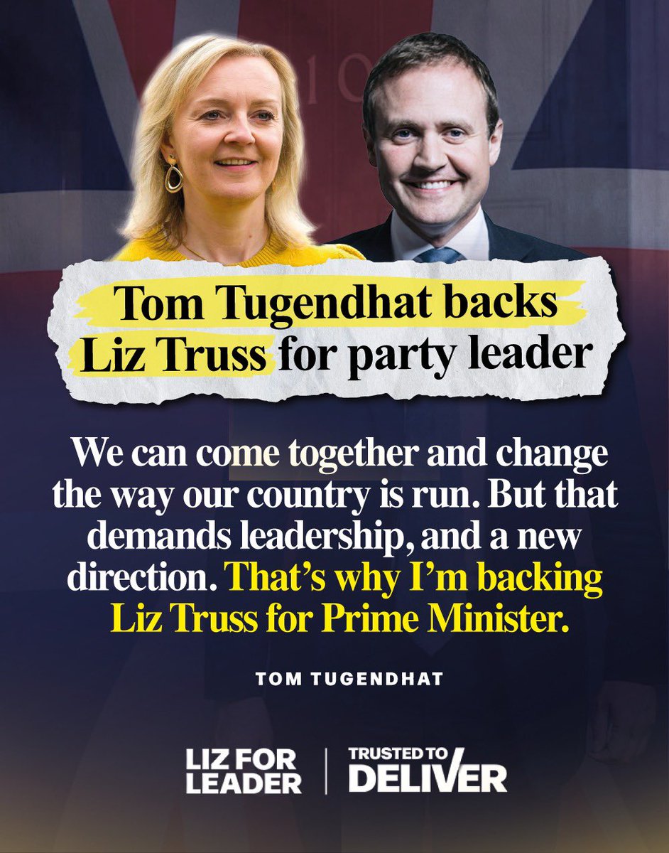 Great news 🥳 @TomTugendhat 🤝 @trussliz 🖥 lizforleader.co.uk #LizForLeader