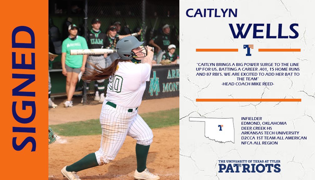 Wells comes to Tyler after a successful 2 year stint at Arkansas Tech. Caitlyn, a top 5 hitter among all GAC players in many offensive categories including HR, RBI, BA, OB%, Slugging, landed on the All American team for this past season.

Welcome to the Patriot Family. 

#GoPats