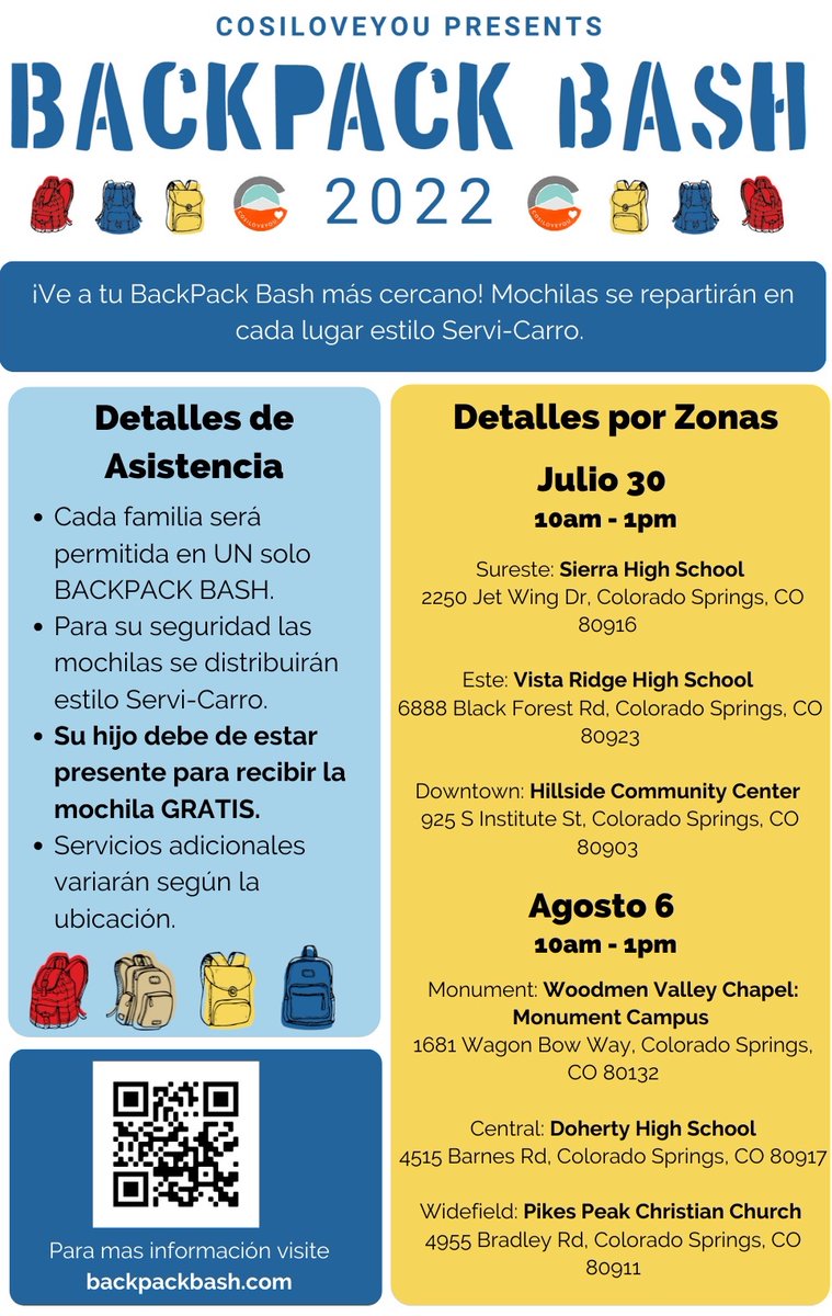 Tomorrow is the first weekend of the Backpack Bash! This event serves families who need support at the start of the school year! Details below: