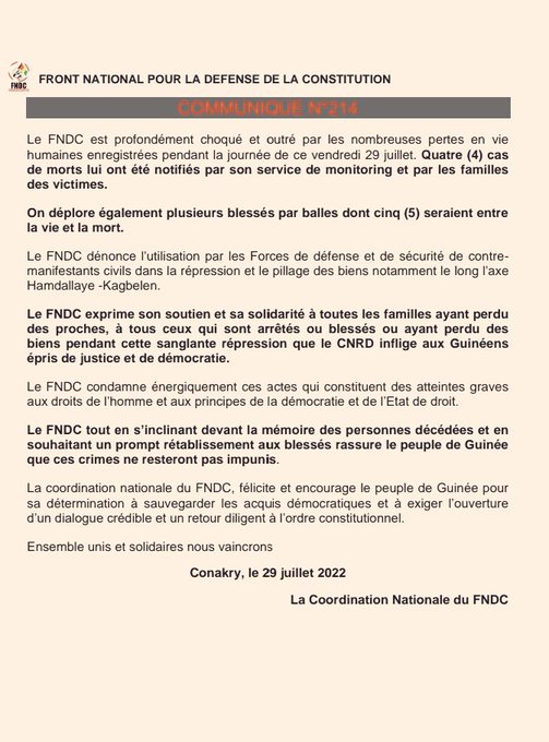Guinée/ Le FNDC déplore 5 morts dans les violentes manifestations contre le Colonel Doumbouya