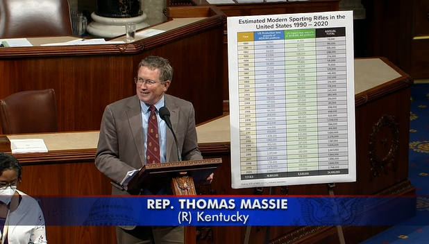 gunpolicy's tweet photo. Rep Massie pointing out that the bill to ban "weapons of war" doesn't ban the M1 Garand, M1 Carbine, or SKS https://t.co/FL6VRvOwJa