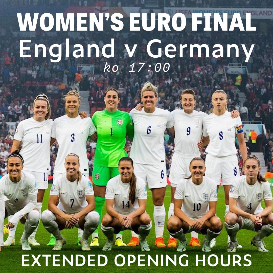 🦁⚽ EXTENDED HOURS ⚽🦁

We’re staying open for the Women’s EURO Final on Sunday, so come &amp; join us cheer on the lionesses! 🦁

Broadcasting on the mezz &amp; in the bar for maximum atmosphere! Coverage from 16:00 🙌

🏃‍♀️ As always seating will be on first come, first serve! 🏃‍♀️