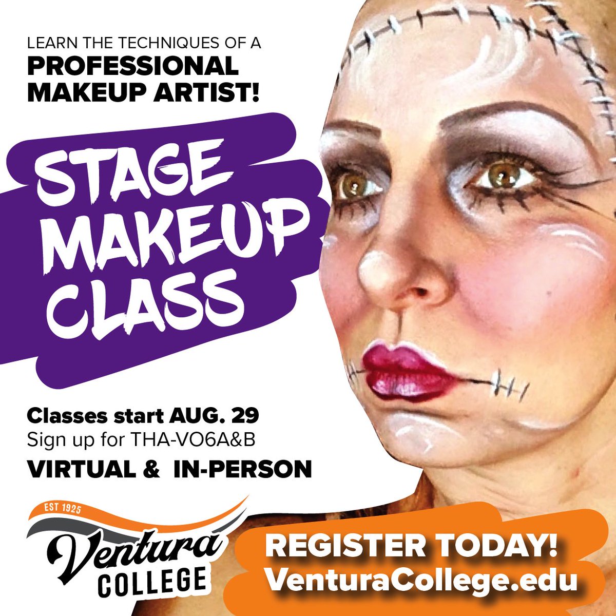 ventura_college's tweet photo. Learn about stage makeup! Study the techniques of professional makeup artists this fall with THA V06 A&amp;B. This virtual and in-person class starts August 29. 

#VCPerformingArts #VenturaCollege #stagemakeup https://t.co/snBX1Rpcms