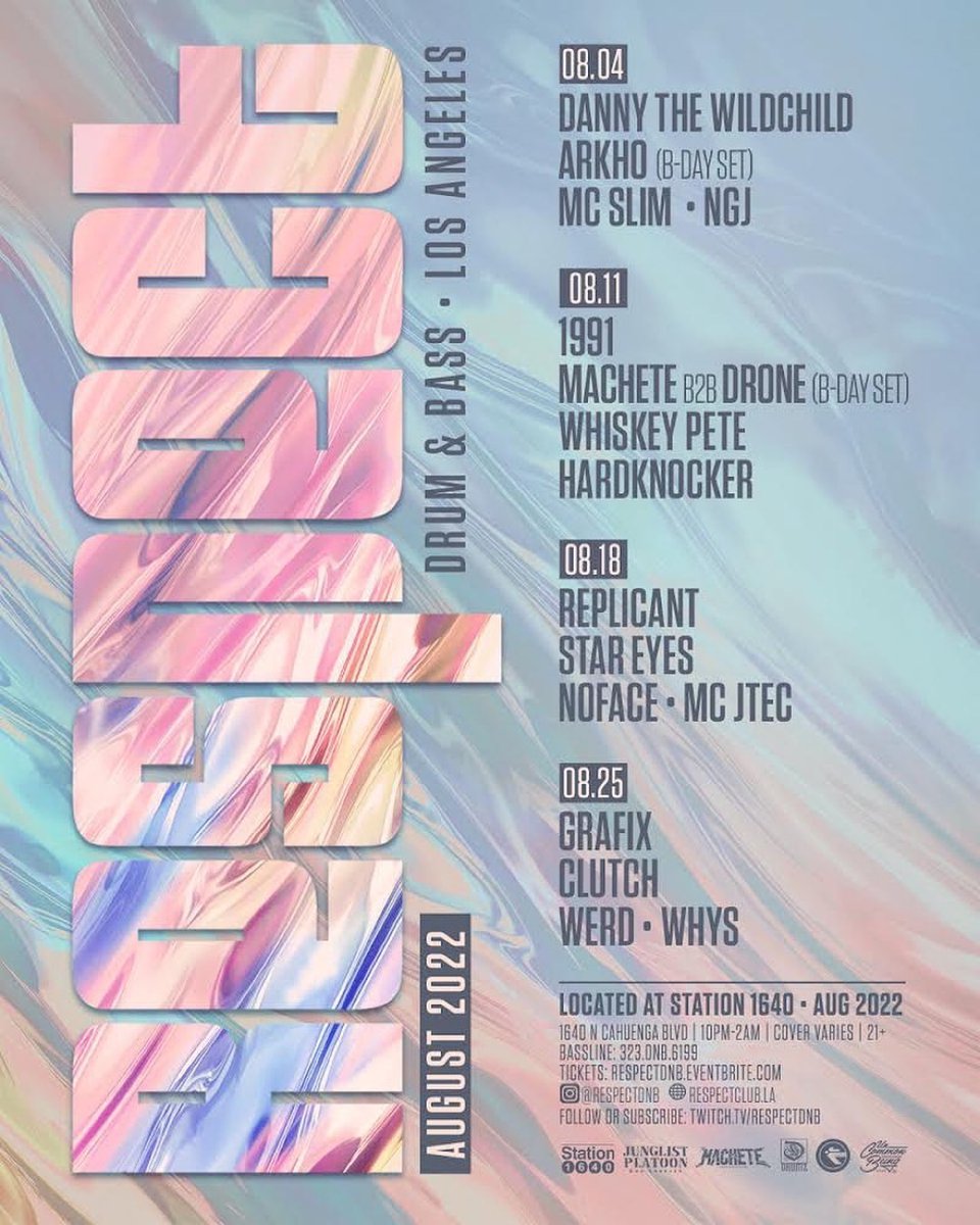 Our #August2022 events calendar is here! 
🔥🔥🔥🔥

#respectdrumandbass #losangeles #dnb #drumandbass #respectdnb #respectthursdays #drumnbass #respectclubLA 
・・・
Tickets (link in bio): respectdnb.eventbrite.com