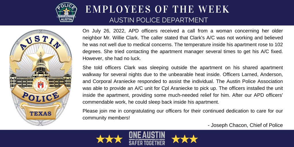 Please join me in congratulating our officers for their continued dedication to care for our community members!